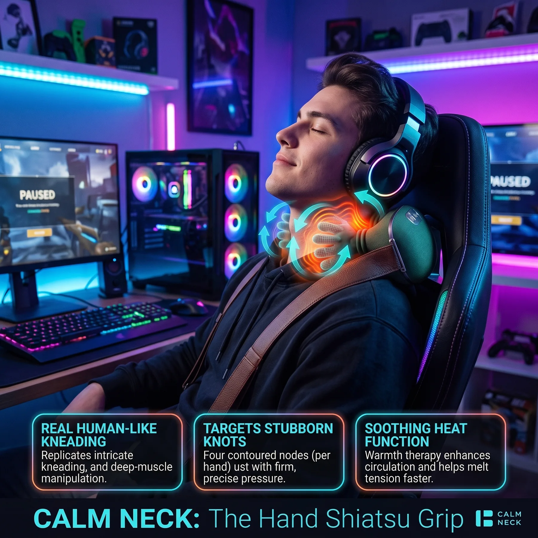 Person relaxing in a gaming setup while using the green NeckNest Massager